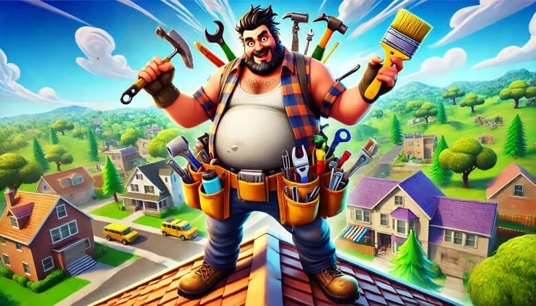 Roofing contractor standing on a rooftop holding many tools