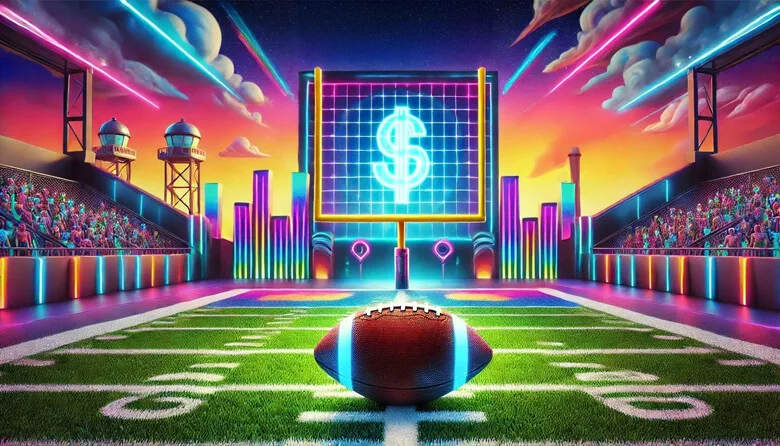 Football with the goal posts in the background and a dollar sign on the jumbotron