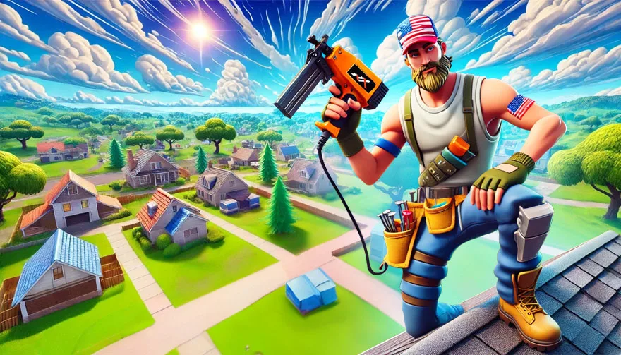 Roofing contractor superhero standing on a rooftop holding a nail gun