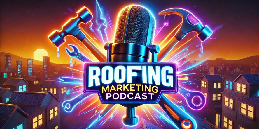 Roofing marketing podcast image with a microphone and roofing tools