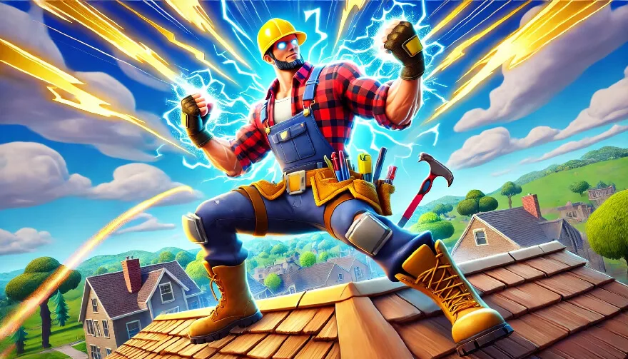 Roofing contractor standing on a rooftop flexing his muscles and lightning around his fists