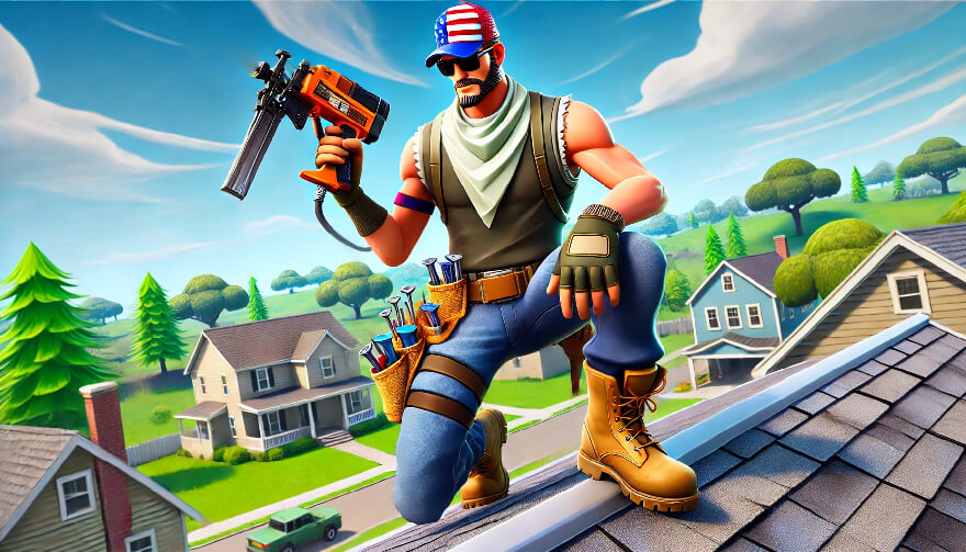 Roofing contractor kneeling on a rooftop holding a nail gun