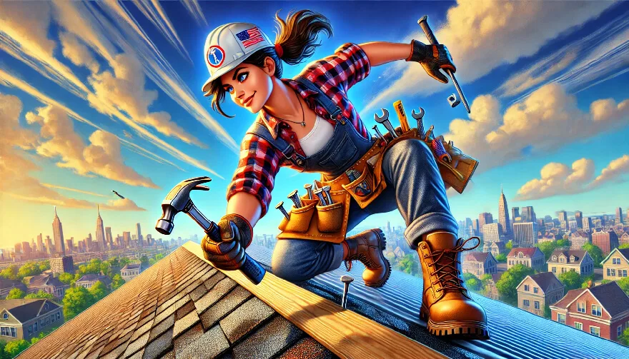 Roofing company superhero on a rooftop