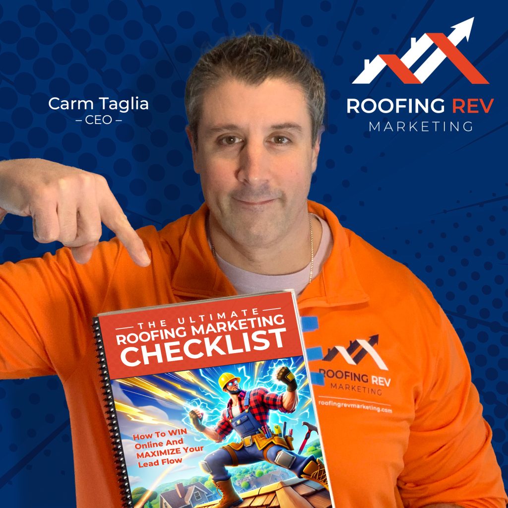 Carm with the ultimate roofing marketing checklist in hand Carm with the ultimate roofing marketing checklist in hand