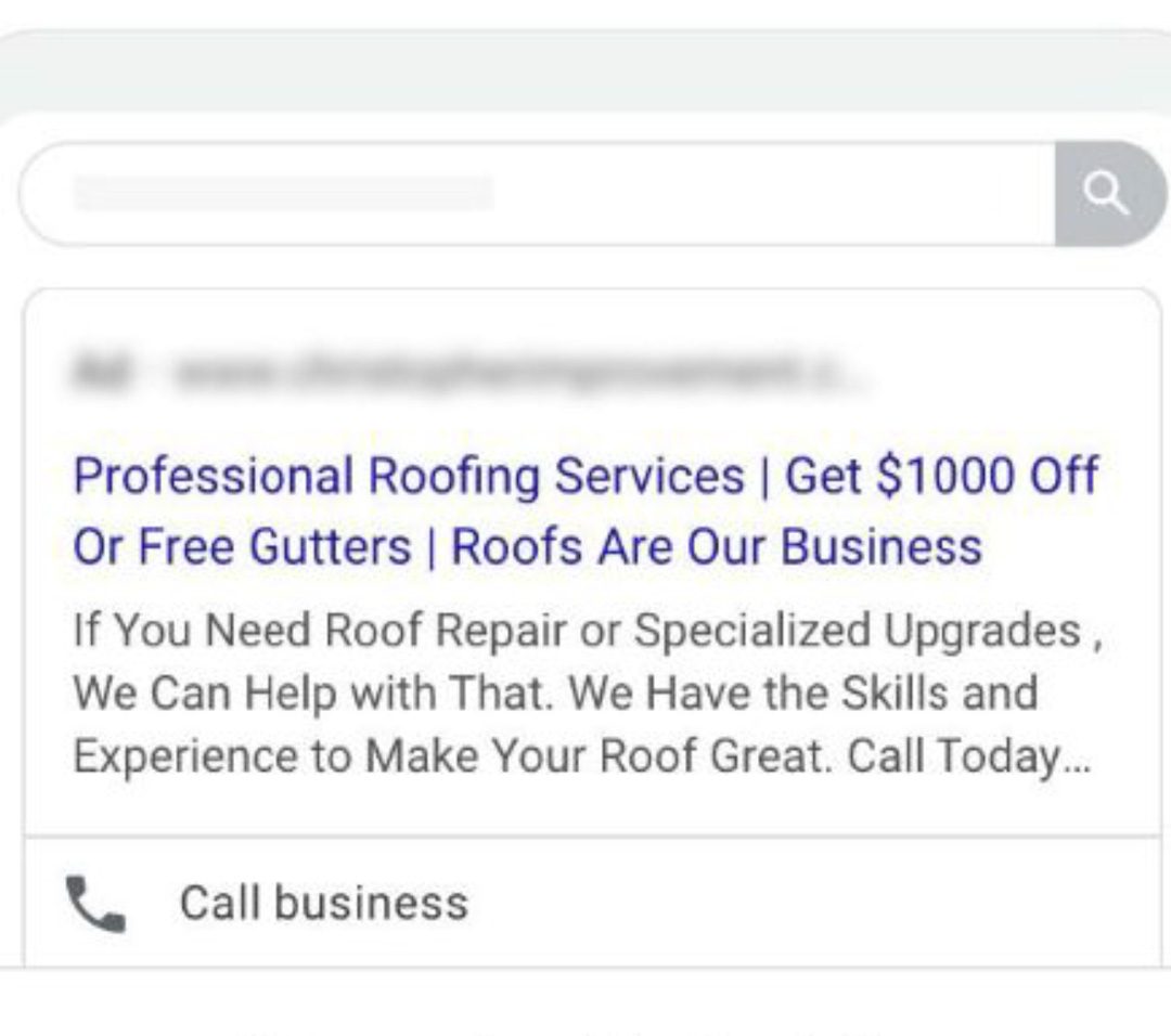 Screenshot of Norwich, CT pay-per-click ad for roofing professionals