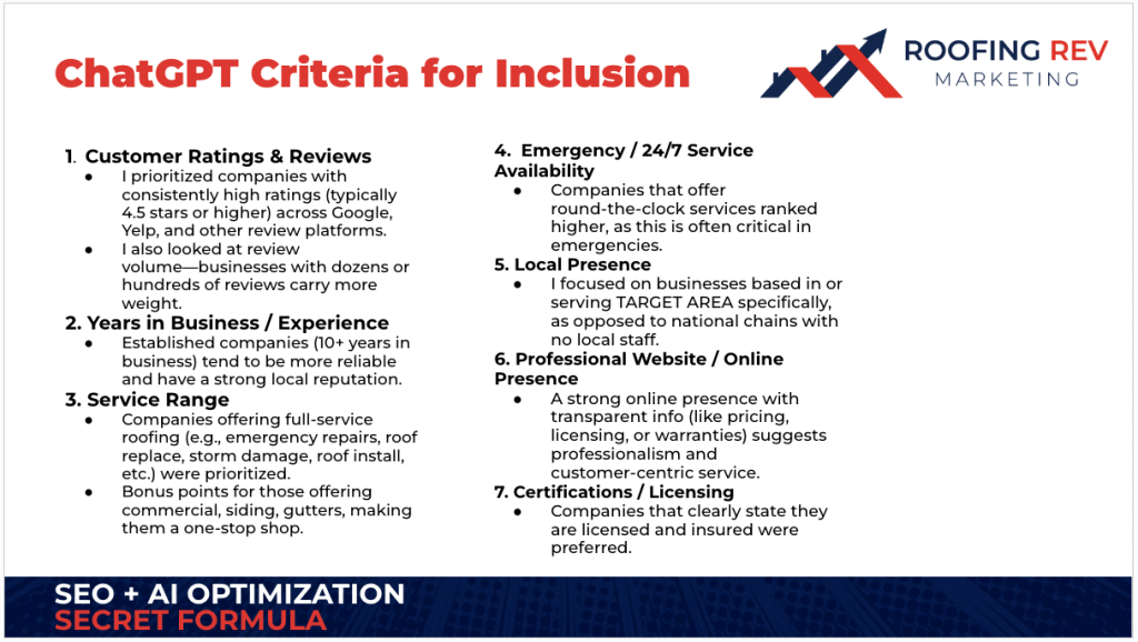 Chat GPT criteria for inclusion in their answer results