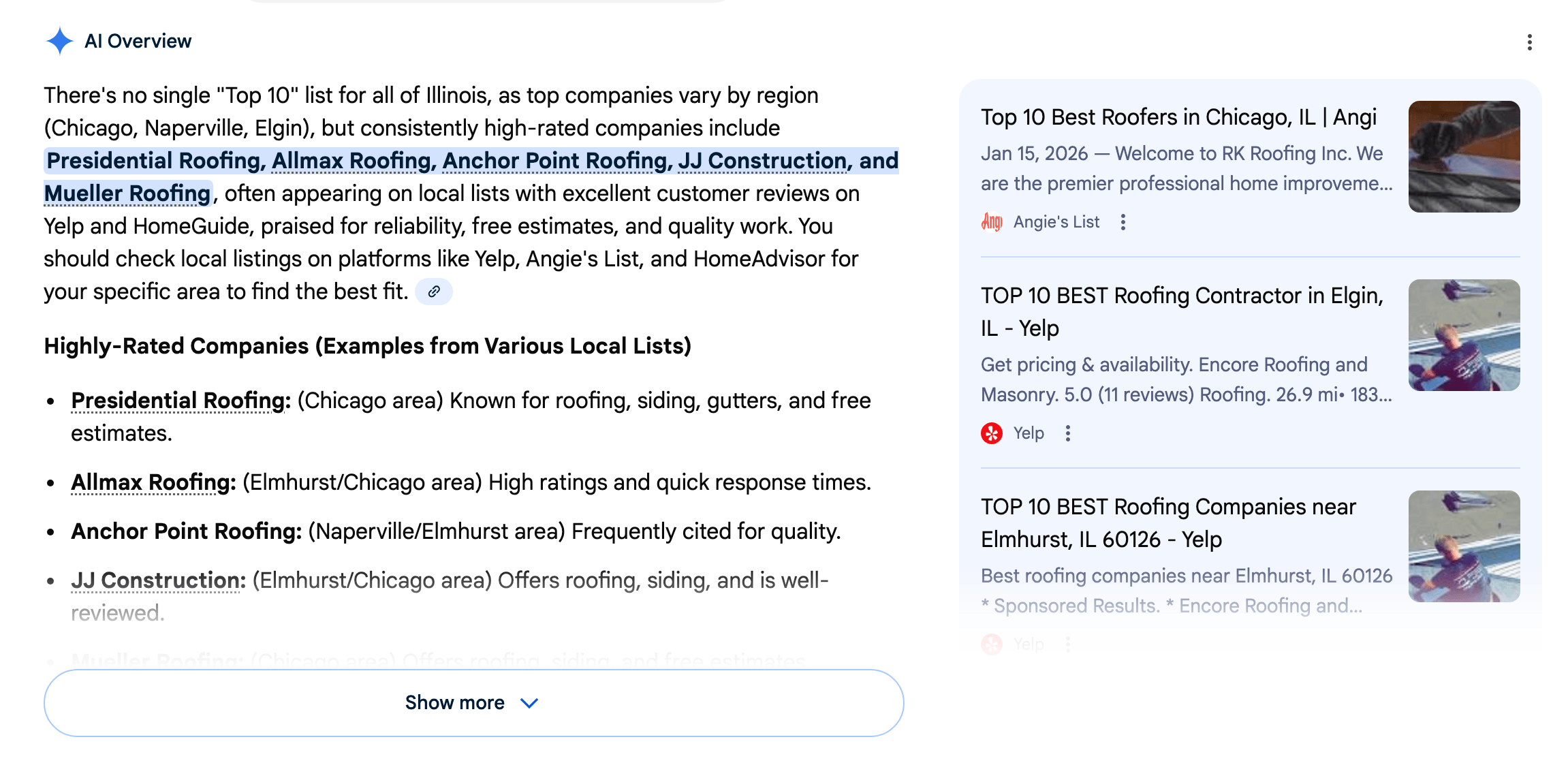 google ai overview in roofing chicago search results 2016