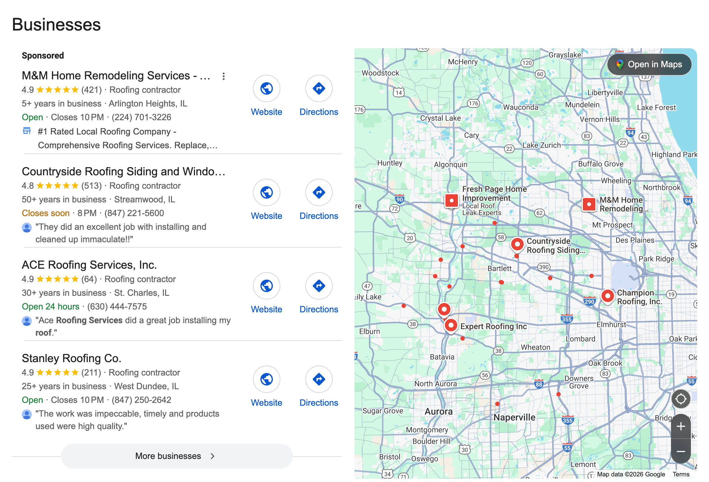 google map results for roofing chicago 2016