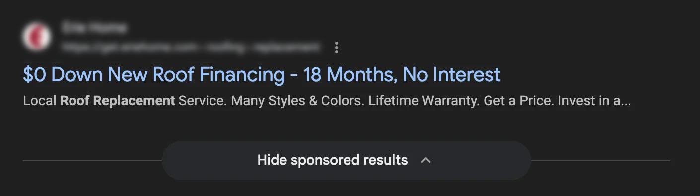 roof replacement with financing google ads example