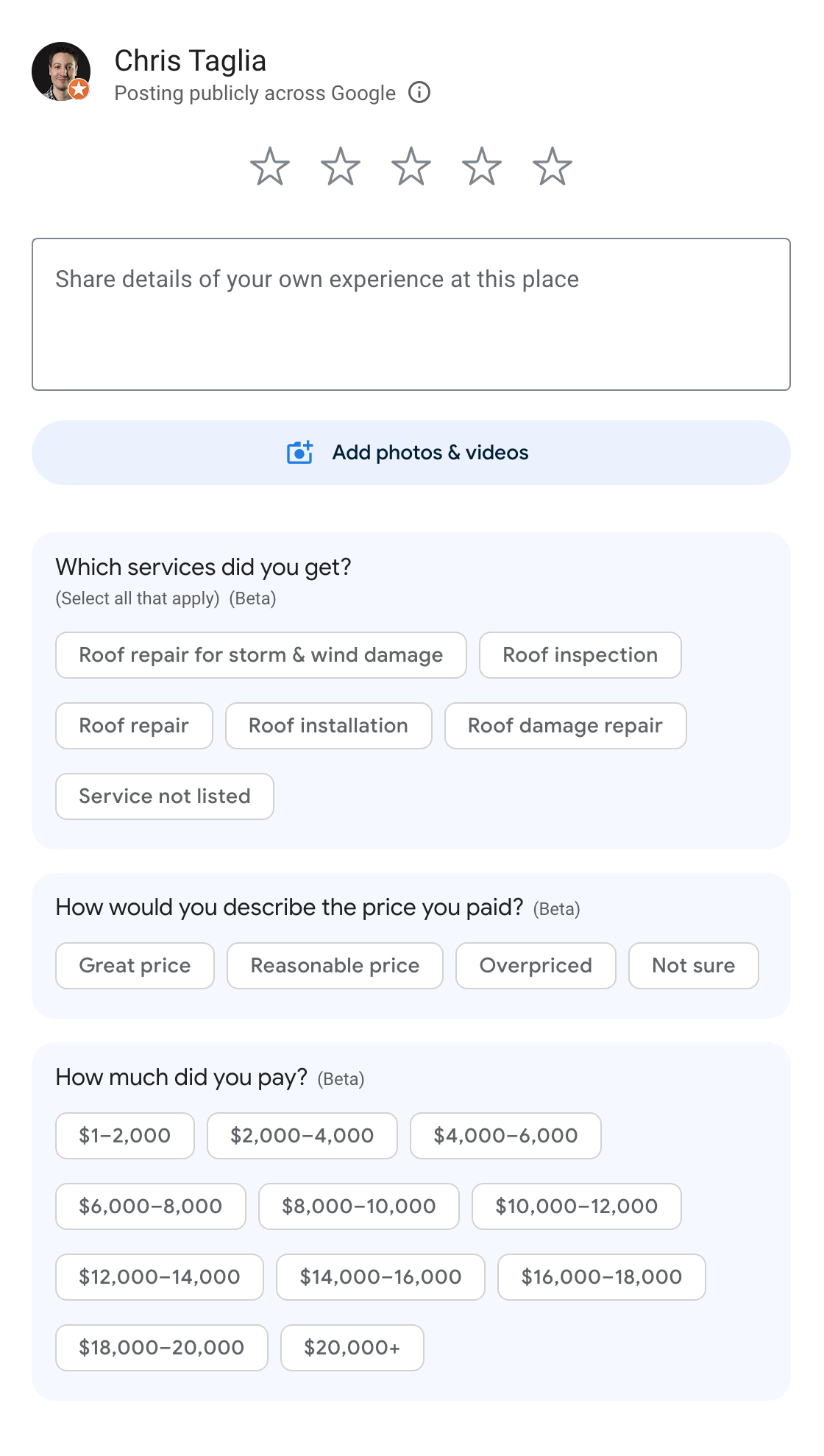 Google review screen showing prompts for service type, price, value, photos, and videos