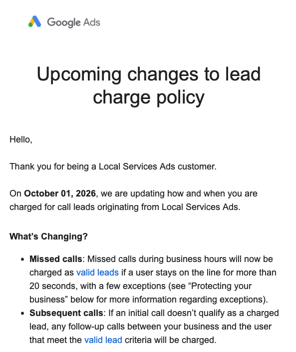 google local service ads new charge policy