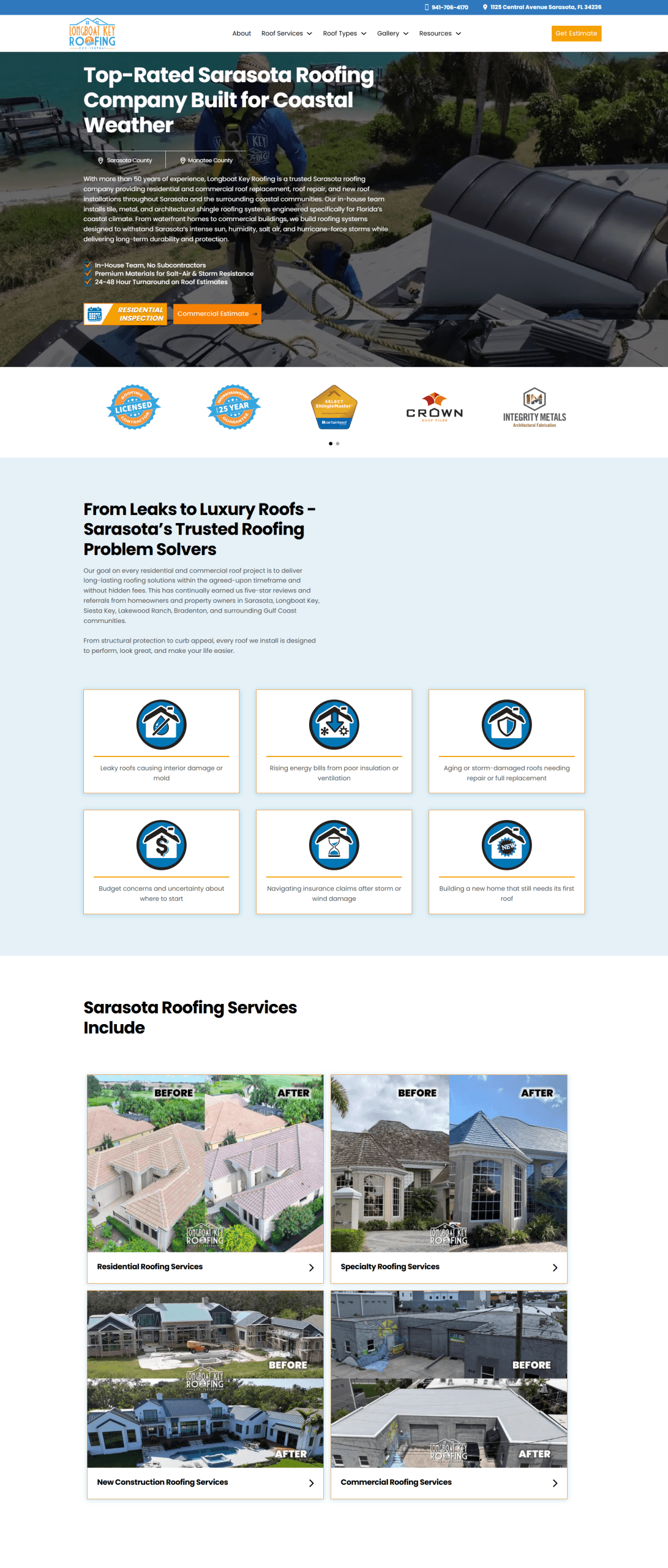 Screenshot of Longboat key Roofing Website home page showing the hero banner and a section below