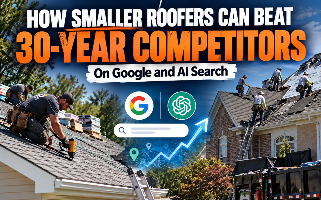 Small roofing company competing against a larger, established roofing contractor, showing residential roofing projects and Google AI search graphics.